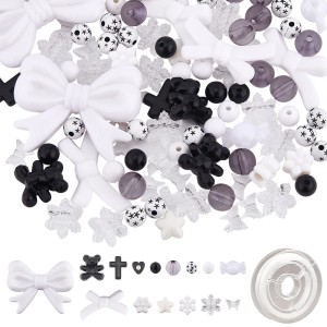 AKR10 Zestaw Koraliki akrylowe kokardki żyłka do smyczy BLACK&WHITE 185szt