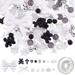 AKR10 Zestaw Koraliki akrylowe kokardki żyłka do smyczy BLACK&WHITE 185szt