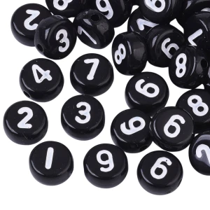 KLZ80 Koraliki literki monetki 7mm cyfry cyferki czarne od 0 do 9 100sztuk