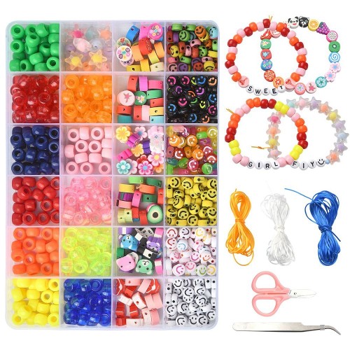 KOP133 DUŻY Zestaw koraliki akryl 740 szt pony kandi literki buźki fimo + akcesoria