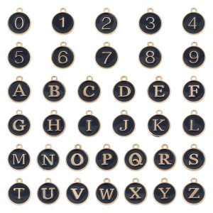 ZAW236 Zawieszki ALFABET LITERY literki cyfry zestaw 36szt metalowe z emalią czarne