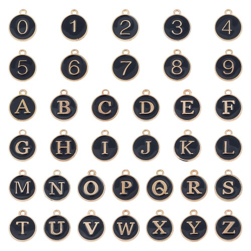 ZAW236 Zawieszki ALFABET LITERY literki cyfry zestaw 36szt metalowe z emalią czarne