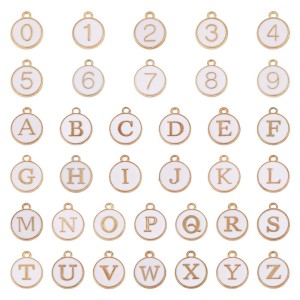 ZAW237 Zawieszki ALFABET LITERY literki cyfry zestaw 36szt metalowe z emalią białe