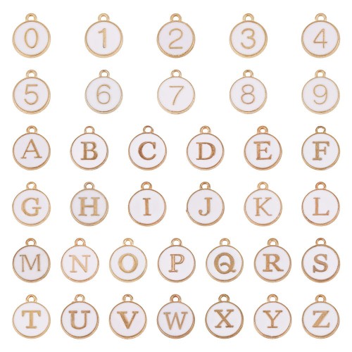 ZAW237 Zawieszki ALFABET LITERY literki cyfry zestaw 36szt metalowe z emalią białe