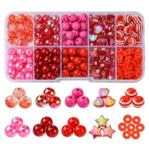 KLZ97 Zestaw CZERWONY koraliki akrylowe crackle perły organizer 300szt