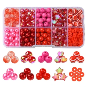 KLZ97 Zestaw CZERWONY koraliki akrylowe crackle perły organizer 300szt