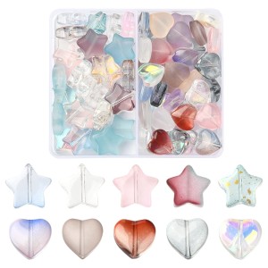 KSZ69 Koraliki szklane opalizujące serce serduszka gwiazdki miks 70szt zestaw