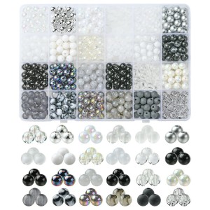 KLZ101 Zestaw B&W czarno-biały koraliki akrylowe kule kulki 8mm perły organizer 600szt