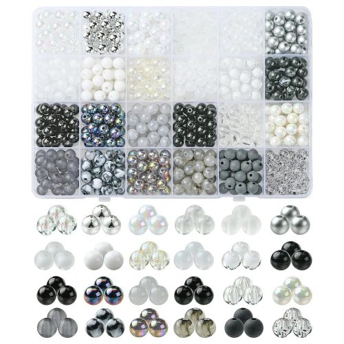 KLZ101 Zestaw B&amp;W czarno-biały koraliki akrylowe crackle perły organizer 600szt
