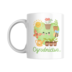 KB13 Biały kubek ceramiczny z uchem OGRÓD 330ml