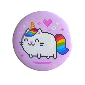 PRZ91 Przypinka button badzik Kotek rainbow jednorożec pixel art 58mm L