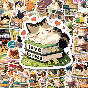 W254 Naklejki laminowane WLEPY wlepki kotek kotki books czytanie książki 50szt