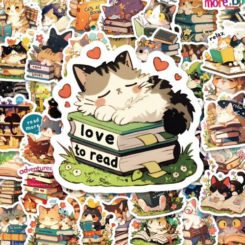 W254 Naklejki laminowane WLEPY wlepki kotek kotki books czytanie książki 50szt