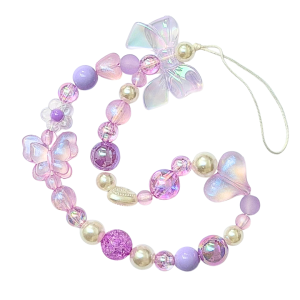 ST24 Smycz zawieszka brelok do telefonu motylek perły serduszko kawaii fiolet