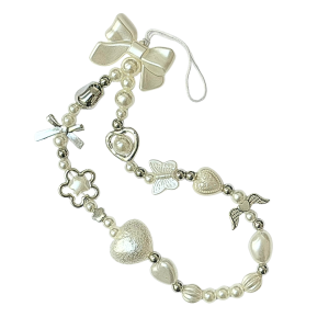 ST26 Smycz zawieszka brelok do telefonu motylek perły serduszko kawaii biała