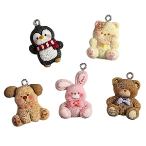 ZAW345 Zawieszki akrylowe z żywicy zwierzątka kot miś pingwin KAWAII 5szt