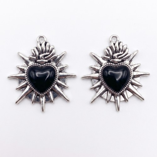 Zawieszka metalowa emaliowana święte SERCE czarne gotyk vintage 2szt