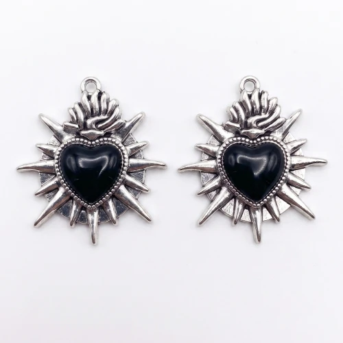Zawieszka metalowa emaliowana święte SERCE czarne gotyk vintage 2szt