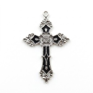 ZAW396 Zawieszka metalowa duża krzyż czarna emalia stare srebro goth alt 1szt