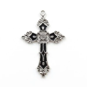 ZAW396 Zawieszka metalowa duża krzyż czarna emalia stare srebro goth alt 1szt