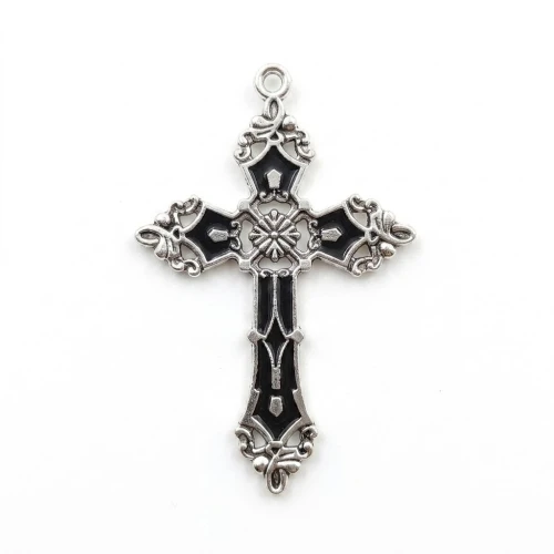 Zawieszka metalowa duża krzyż czarna emalia stare srebro goth alt