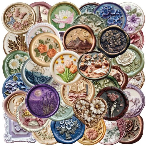 Naklejki sticker bomb WLEPY przezroczyste VINTAGE pieczęć lak embossing 50szt PET