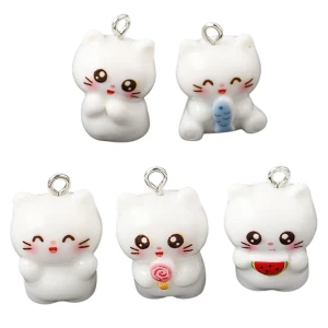ZAW440 Zawieszki z żywicy happy białe kotki rybka kotek jelly cat 5szt mix