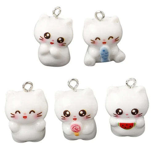 ZAW440 Zawieszki z żywicy happy białe kotki rybka kotek jelly cat 5szt mix
