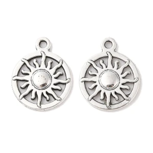 ZAW474 Zawieszki metalowe słońce w kółku antyczne srebro 16mm 5szt