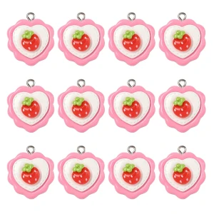 ZAW496 Zawieszki akrylowe z żywicy serce truskawka KAWAII 25mm 2szt