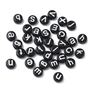 KL49 Koraliki literki alfabet małe litery monetki okrągłe czarne 7x4mm 100szt
