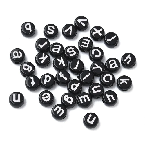 KL49 Koraliki literki alfabet monetki okrągłe czarne 7x4mm 100szt