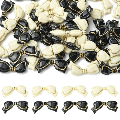 KOK312 Koraliki akrylowe KOKARDKA kokardki 29mm czarne i białe złote zdobienia 4szt