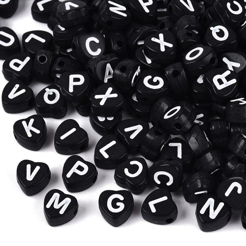 KL57 Koraliki literki SERDUSZKA serce 7x4mm czarne białe litera 100szt