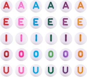 KLZ17 Koraliki literki monetki 7mm same samogłoski A E I O U barwne 300szt