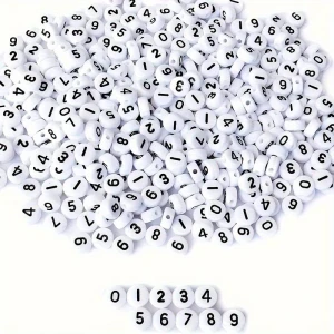 KLZ18 Koraliki literki monetki 7mm cyfry cyferki białe od 0 do 9 100sztuk