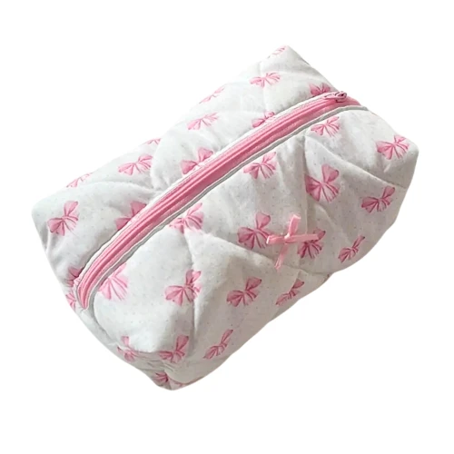 Kosmetyczka PINK pikowana MIDI 16x10cm KOKARDKI KRATKA COQUETTE