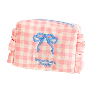 KOS21 Kosmetyczka MINI 12x9cm KRATECZKA pink HAFT Kokardka na podpaski i drobiazgi