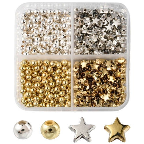 Zestaw koraliki przekładki gwiazdki złote i srebrne 500szt