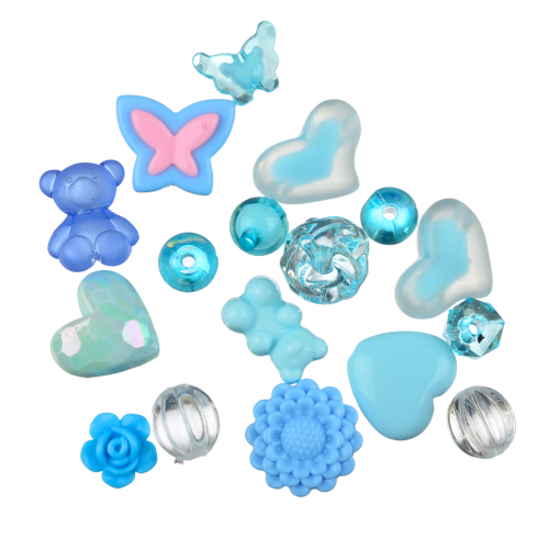 Koraliki akrylowe MIX kształtów niebieskie przezroczyste 20g
