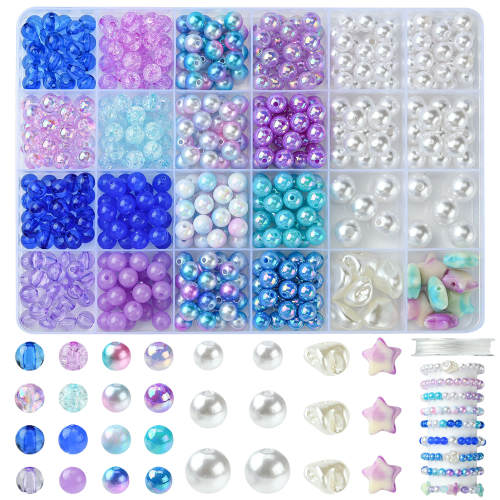 Duży zestaw NIEBIESKI FIOLETOWY koraliki perełki gwiazdki 520szt