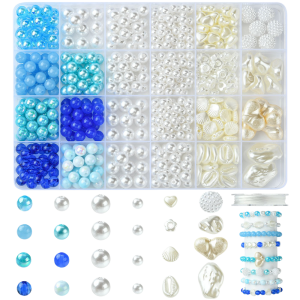 KLZ42 Duży zestaw niebieski MORSKI SYRENKA koraliki perełki muszelki 560szt