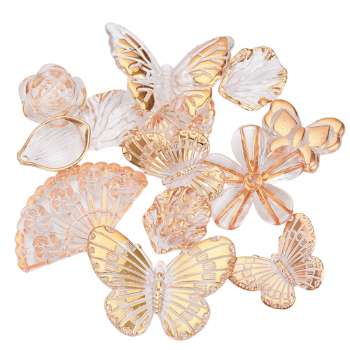 Koraliki akrylowe metaliczne MIX kształtów róże motylki pomarańcz 25g