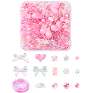 KOK34 Koraliki akrylowe zestaw MIX kształtów różowe przezroczyste 180szt
