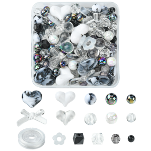 KOK36 Koraliki akrylowe zestaw MIX kształtów czarne białe przezroczyste 170szt