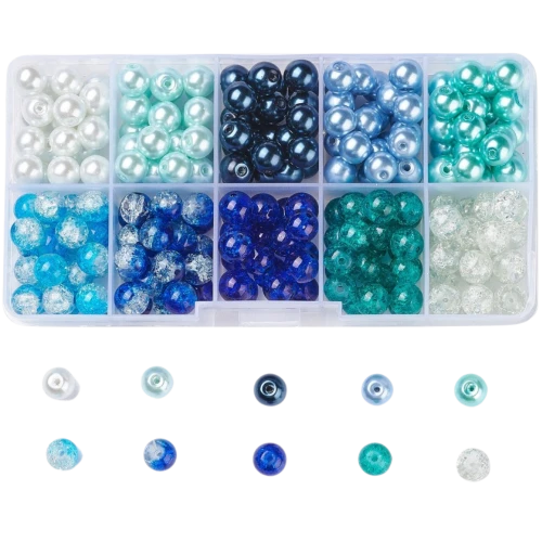 Zestaw koralików szklanych NIEBIESKI kule kulki 8mm crackle i perełki do bransoletek biżuterii 200szt