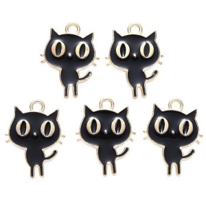 ZAW83 Zawieszki metalowe kot kotek czarny emalia do bransoletek 2szt